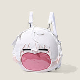 The Seakoff Blue Lock Seishiro Nagi Plush Shoulder Bag is a round backpack inspired by the character, featuring white hair, closed eyes, and a large pink mouth with a transparent pocket. This fun anime design has adjustable white straps and stands out against its off-white background.