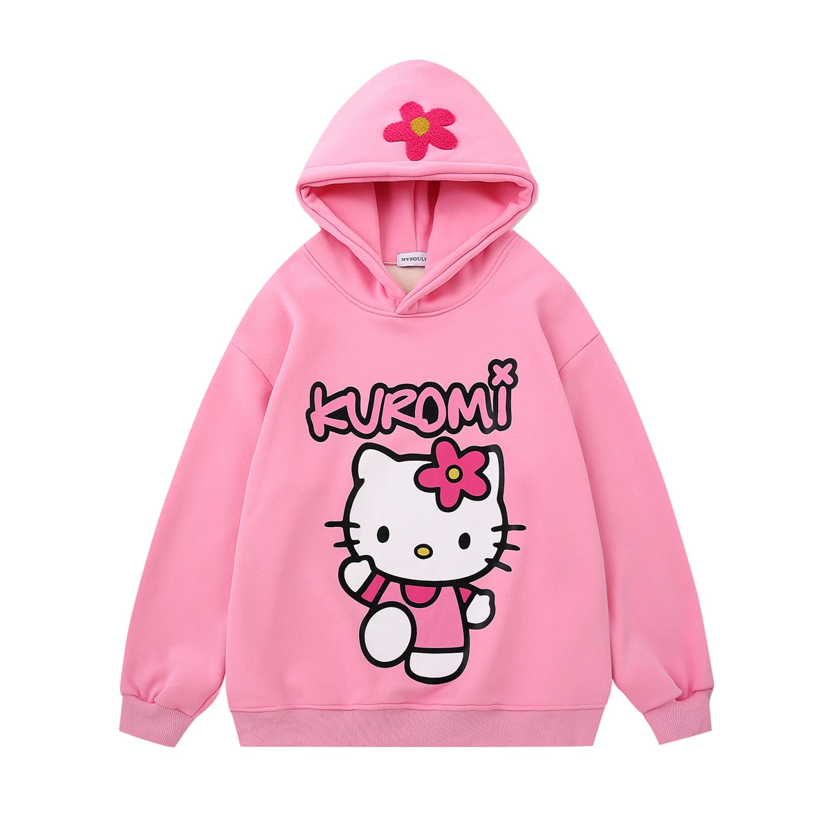 The Seakoff Kawaii Hello Kitty Oversized Hoodie combines cute pastel anime style with a floral hood, cartoon cat featuring a bow, and "Kuromi" in bold. This pink pullover offers long sleeves and ribbed cuffs, perfect for Sanrio fans embracing kawaii fashion.