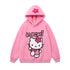 The Seakoff Kawaii Hello Kitty Oversized Hoodie combines cute pastel anime style with a floral hood, cartoon cat featuring a bow, and "Kuromi" in bold. This pink pullover offers long sleeves and ribbed cuffs, perfect for Sanrio fans embracing kawaii fashion.