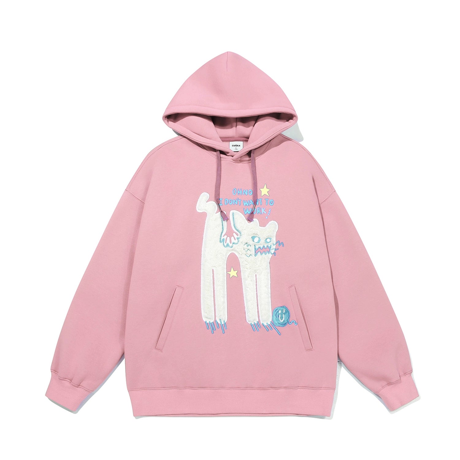 The Seakoff "Oh No! I Don’t Want to Work!" oversized pink hoodie features a whimsical lazy cat graphic with a white figure, blue accents, stars, and the phrase "Once Upon a Mind," embodying perfect casual streetwear vibes.