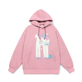 The Seakoff "Oh No! I Don’t Want to Work!" oversized pink hoodie features a whimsical lazy cat graphic with a white figure, blue accents, stars, and the phrase "Once Upon a Mind," embodying perfect casual streetwear vibes.