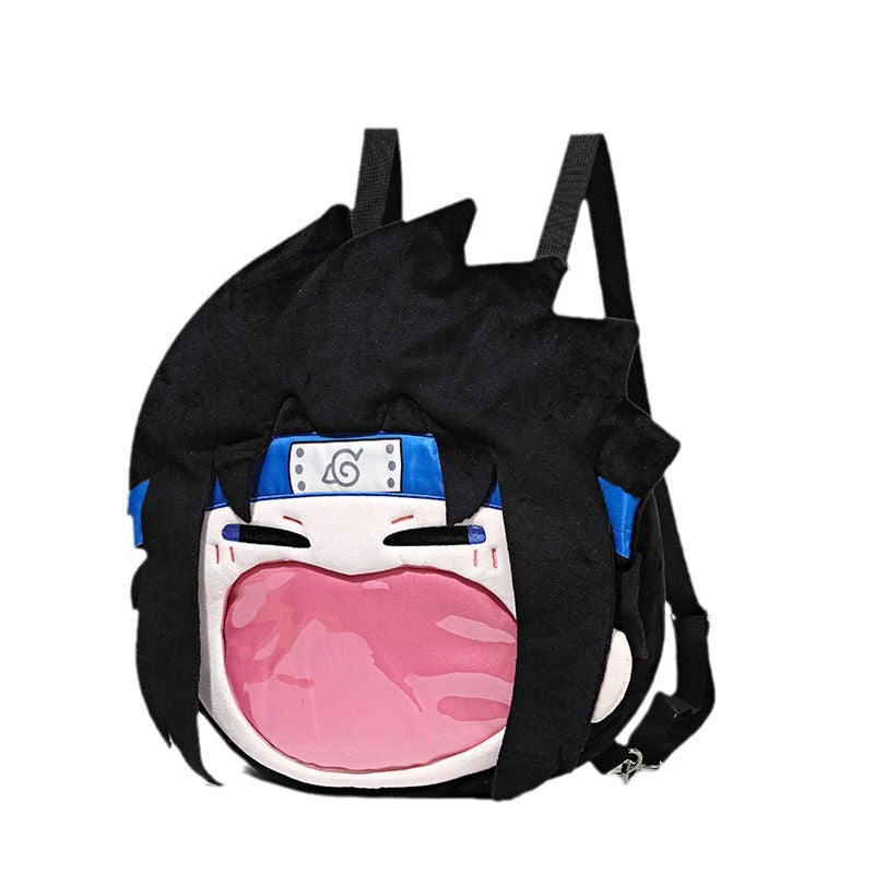 The Seakoff Naruto Sasuke Uchiha Plush Shoulder Bag features a fun anime design with spiky black hair, a swirl-symbol headband, and an adjustable strap. Its standout feature is a transparent mouth pocket, making it perfect for anime collectibles enthusiasts.