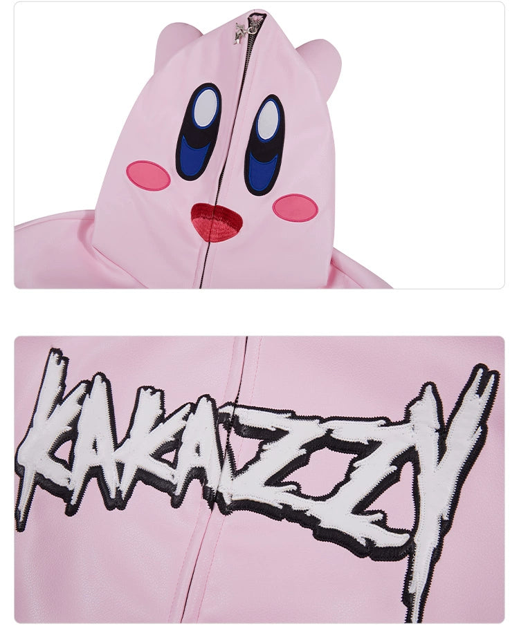 The Kirby Pink Hoodie from Seakoff showcases a hood with a face featuring large eyes, red cheeks, and mouth. "KAKAZZY" is boldly printed in stylized letters on the front. This 400GSM oversized anime zip-up sweatshirt adds trendy streetwear style to your wardrobe, perfect for fans.