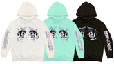 Displayed are three "Seakoff" hoodies: one in white, one in mint green, and one in black. Each Kawaii Aesthetic Crying Eyes Hoodie features a large eye design on the front and stylized text on the sleeves, perfect for fans of pastel and dark anime streetwear fashion.