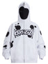 The Seakoff Monochrome Ink Splatter Hoodie is a 400GSM oversized white and black zip-up streetwear sweatshirt featuring "UNKNOWN" in graffiti style on the chest. It includes a full-cover black face mask with eye openings.
