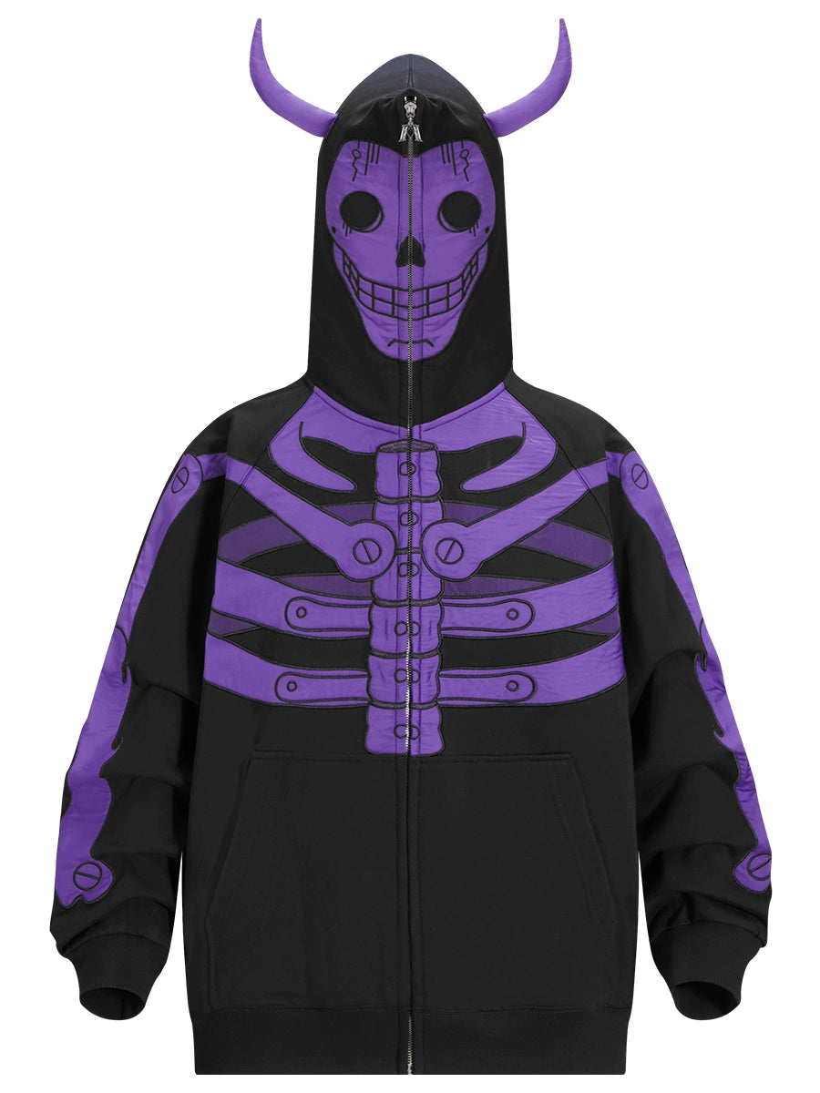 The Seakoff Dark Skull Demon Hoodie, a 400GSM oversized zip-up sweatshirt, features a purple skeleton design on the front. The hood resembles a Skull Demon with horn-like projections and a toothy grin, while the sleeves boast anime-inspired purple bones on black. Perfect for Gothic fashion enthusiasts.