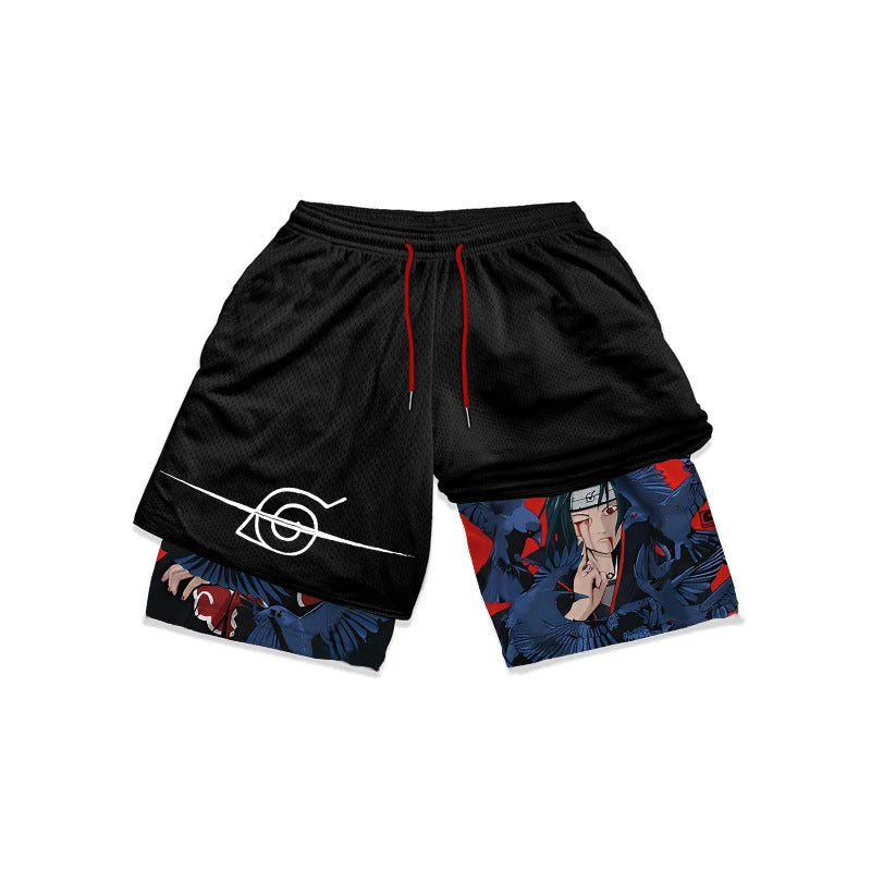 ITACHI UCHIHA NARUTO 체육관 반바지 - 남성 및 여성을위한 애니메이션 운동 반바지 | Sharingan Crow 디자인 피트니스 의류