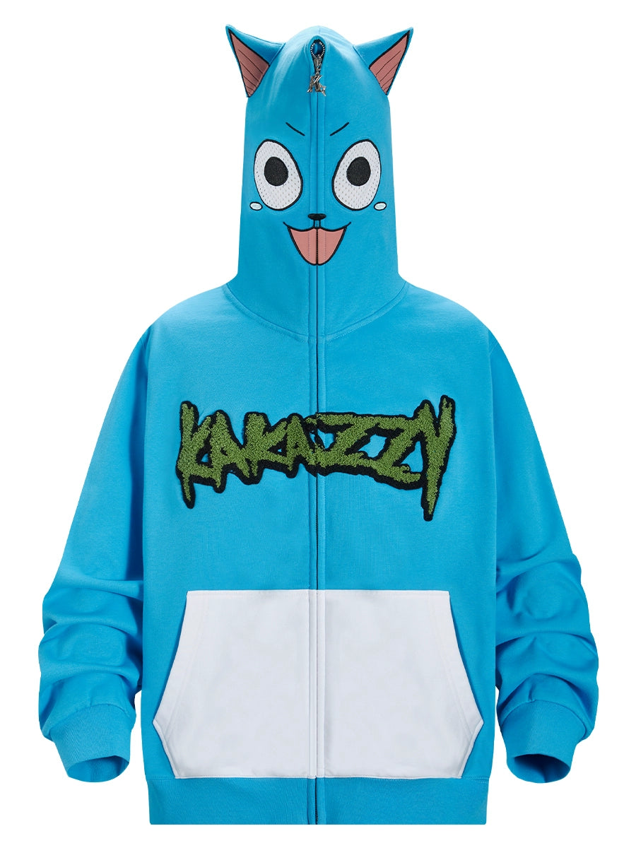 The Seakoff oversized Anime Cat Hoodie is a 400GSM blue zip-up, featuring an anime-style cat face with ears and "KANAZZY" in green. It also has a large white pocket, making it ideal for anime streetwear fans!.