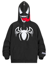 The Seakoff Venom-Inspired Hoodie features 400GSM cotton, large white eyes, an open red mouth with a tongue, and a spider emblem on the chest. The hood fully zips up for a mask-like look, perfect for Marvel fans.