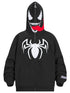 The Seakoff Venom-Inspired Hoodie features 400GSM cotton, large white eyes, an open red mouth with a tongue, and a spider emblem on the chest. The hood fully zips up for a mask-like look, perfect for Marvel fans.