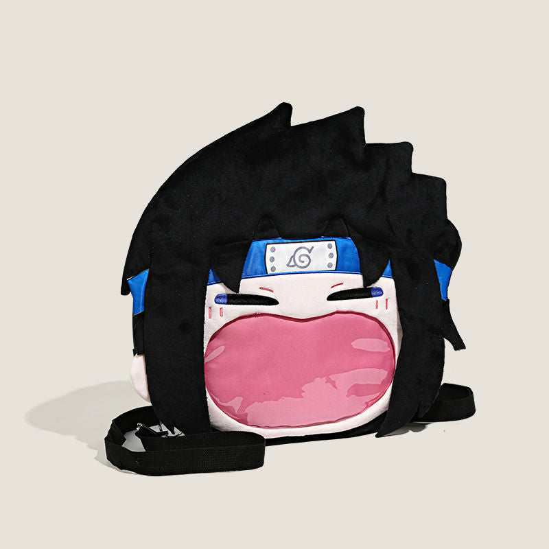 The Seakoff Naruto Sasuke Uchiha Plush Shoulder Bag features a fun anime design with spiky black hair, a headband symbol, and a transparent mouth pocket. Its convenient black strap makes it ideal for carrying and a perfect addition to any anime collection.