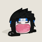 The Seakoff Naruto Sasuke Uchiha Plush Shoulder Bag features a fun anime design with spiky black hair, a headband symbol, and a transparent mouth pocket. Its convenient black strap makes it ideal for carrying and a perfect addition to any anime collection.