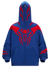 The Seakoff Superhero Spider Hoodie is an oversized, 400GSM blue and red zip-up sweatshirt for fans, featuring a red spider emblem on the chest with red accents on the hood and shoulders, resembling a superhero costume.
