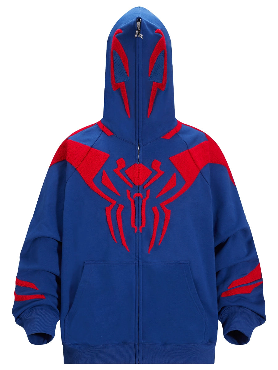 The Seakoff Superhero Spider Hoodie is an oversized, 400GSM blue and red zip-up sweatshirt for fans, featuring a red spider emblem on the chest with red accents on the hood and shoulders, resembling a superhero costume.