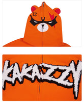 The Seakoff Furious Orange Bear Hoodie is made from premium 400GSM cotton and features a zip-up hood with cartoon bear ears, an angry bear face design, and "KAKAZZY" boldly emblazoned on the back in red embroidery, offering both uniqueness and comfort.
.