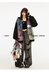 Against a plain background, a person wears an oversized Seakoff Pastel Cat Graffiti Hoodie over a black crop top and distressed wide-leg jeans. They hold a plush accessory, featuring hair styled with a red clip. Text reads "11SH97 2024 S/S AUTUMN/WINTER," embodying kawaii streetwear vibes.