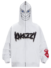 This white Berserk Griffith-Inspired Hoodie is perfect for fans, featuring a masked hood with blue eyes and black border. "KANAZZY" adorns the front, and the right sleeve displays a red Brand of Sacrifice symbol near the wrist.