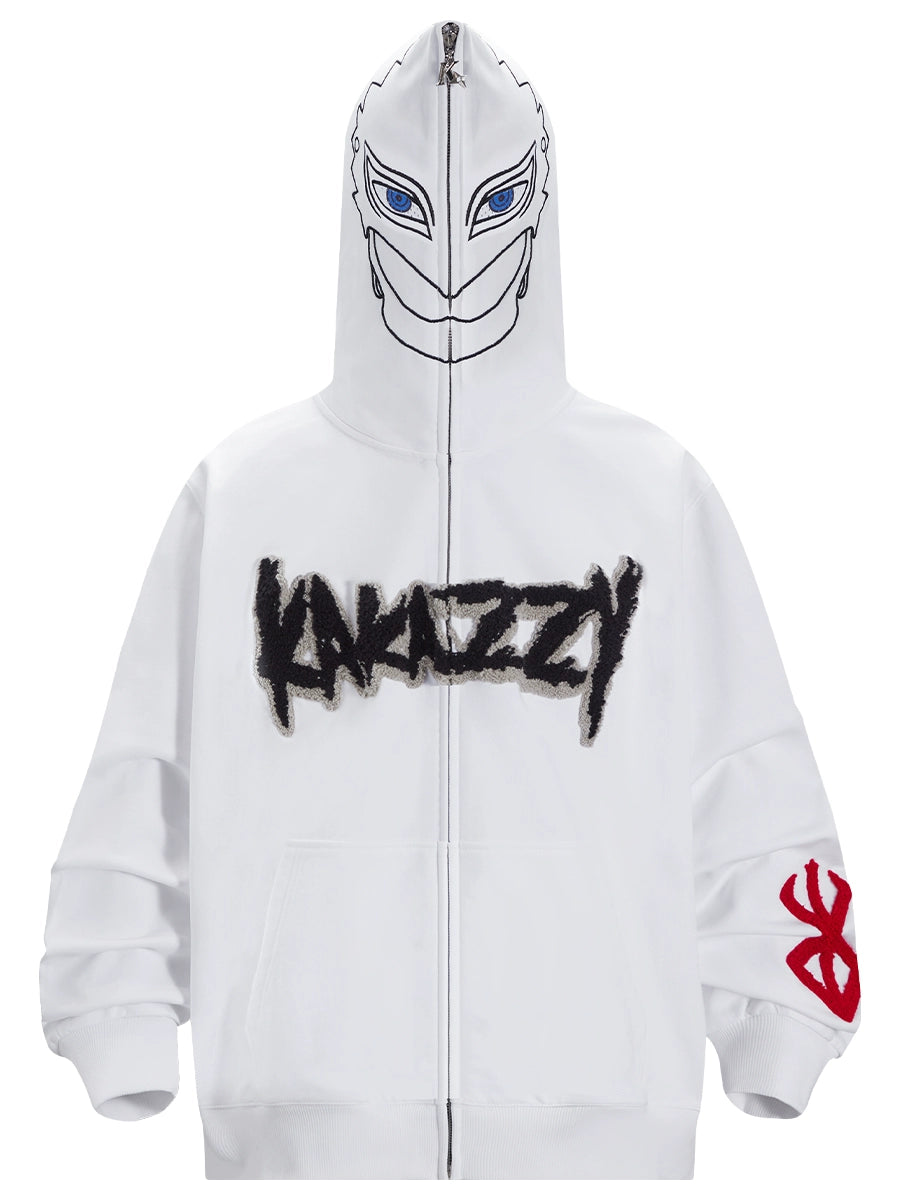 This white Berserk Griffith-Inspired Hoodie is perfect for fans, featuring a masked hood with blue eyes and black border. "KANAZZY" adorns the front, and the right sleeve displays a red Brand of Sacrifice symbol near the wrist.