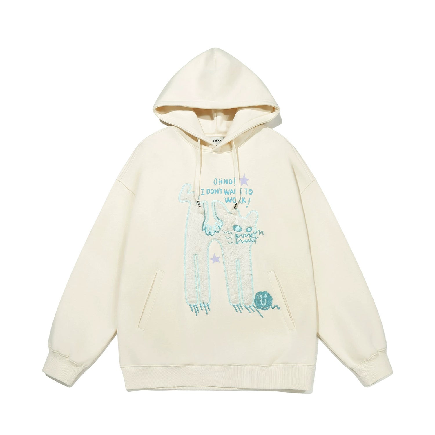 The Seakoff "Oh No! I Don’t Want to Work!" oversized hoodie is perfect for casual wear, featuring a cream-colored design with a cartoon cat graphic and the words "OH NO! I DON’T WANT TO WORK!" It includes a front pocket and drawstring hood.