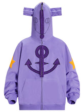 The Seakoff Purple Symbol Hoodie is a 400GSM oversized anime zip-up sweatshirt featuring large animal-like hood ears, decorative face stitching, bold symbols on the front and arms in striking purple, a central zipper for style, and large pockets for functionality.