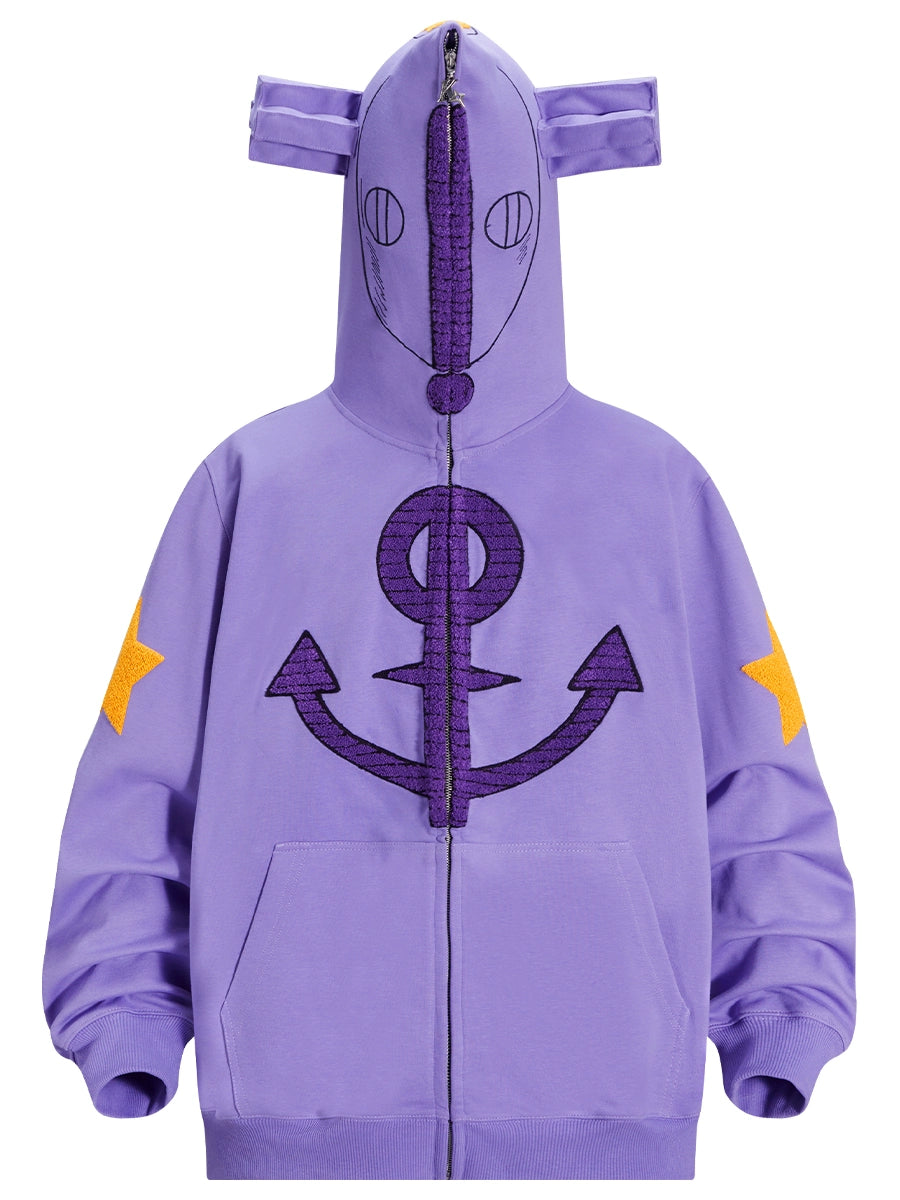 The Seakoff Purple Symbol Hoodie is a 400GSM oversized anime zip-up sweatshirt featuring large animal-like hood ears, decorative face stitching, bold symbols on the front and arms in striking purple, a central zipper for style, and large pockets for functionality.