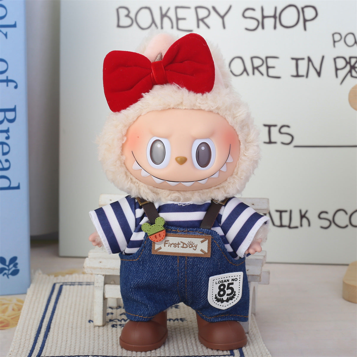 Labubu Striped Tee & Denim Overalls with Big Red Bow Hood – All‑Series Doll Clothes