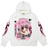 The Seakoff Y2K Aesthetic Anime Hoodie features a kawaii design with a pink-haired, green-eyed character holding a phone. This white pullover, adorned with text and sleeve graphics, perfectly blends retro and modern styles.