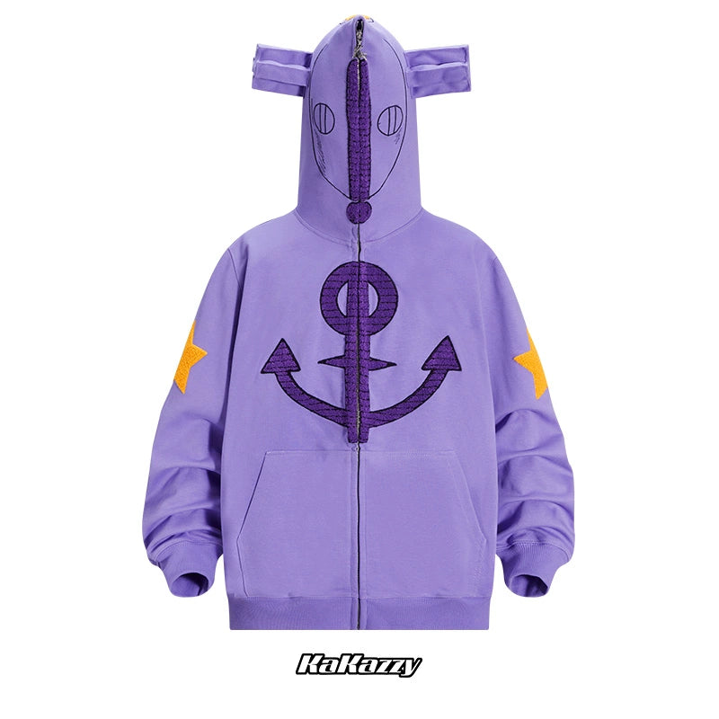 The Seakoff Purple Symbol Hoodie is an oversized 400GSM anime streetwear zip-up, featuring large eyes, a hood zipper that forms a mouth, chest anchor symbol, sleeve yellow star patches, and "Kakazzy" printed below.