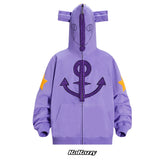The Seakoff Purple Symbol Hoodie is an oversized 400GSM anime streetwear zip-up, featuring large eyes, a hood zipper that forms a mouth, chest anchor symbol, sleeve yellow star patches, and "Kakazzy" printed below.