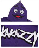 The Seakoff Fun Cartoon Face Hoodie is a 400GSM oversized purple zip-up sweatshirt ideal for streetwear enthusiasts, showcasing a hood with a character&