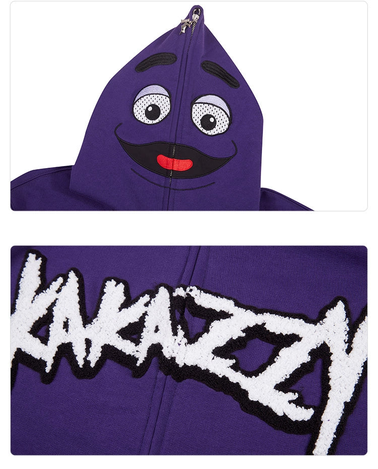 The Seakoff Fun Cartoon Face Hoodie is a 400GSM oversized purple zip-up sweatshirt ideal for streetwear enthusiasts, showcasing a hood with a character&
