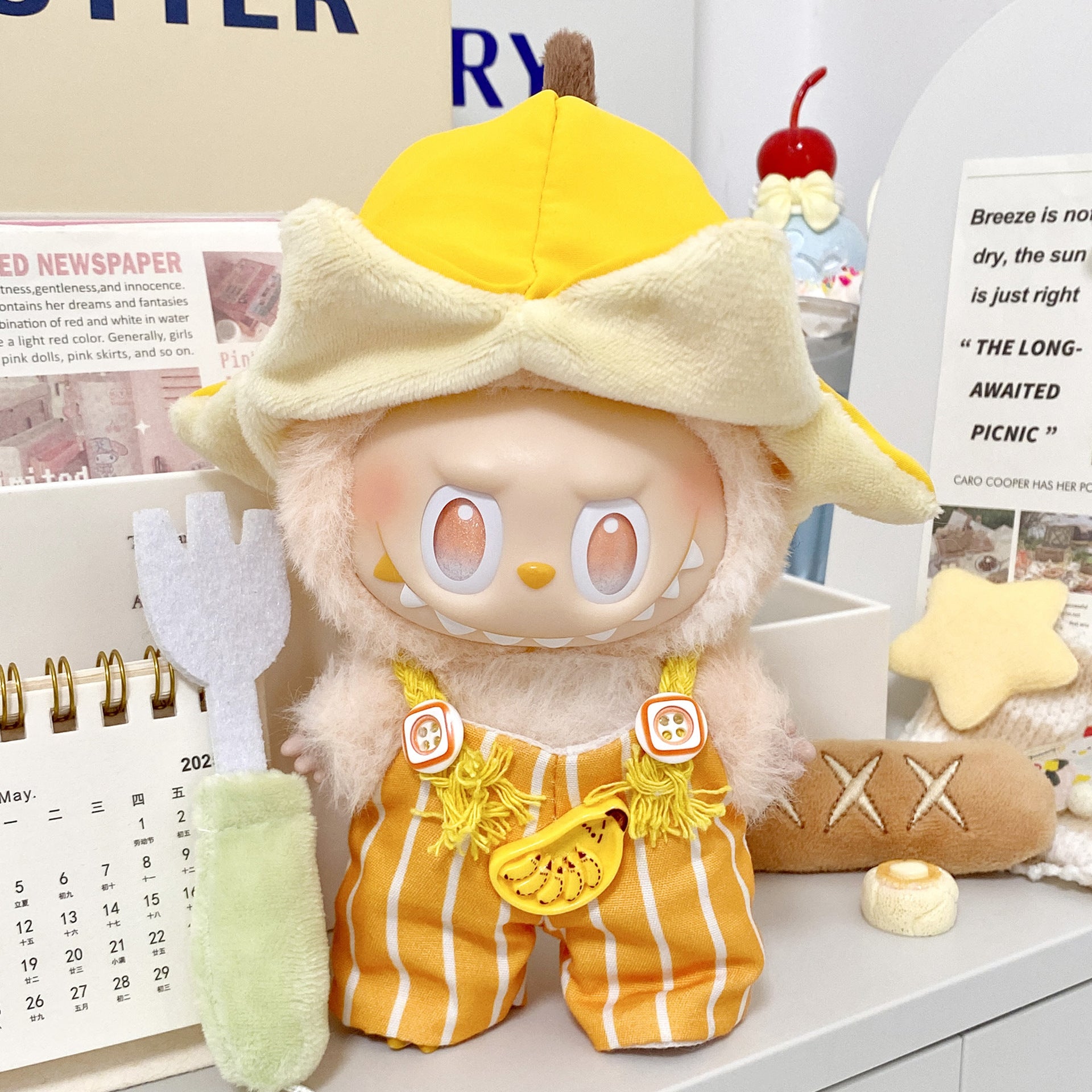 Labubu Sunny Banana Overalls & Hat Outfit – All-Series Doll Clothes