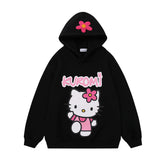The Seakoff black hoodie, perfect for Sanrio fans, features a cartoon character with a white face, pink outfit, and pink flower on the head. "KUROMI" in pink letters is beneath it, with another flower on the hood. Ideal for any Kawaii Hello Kitty Oversized Hoodie enthusiast!.