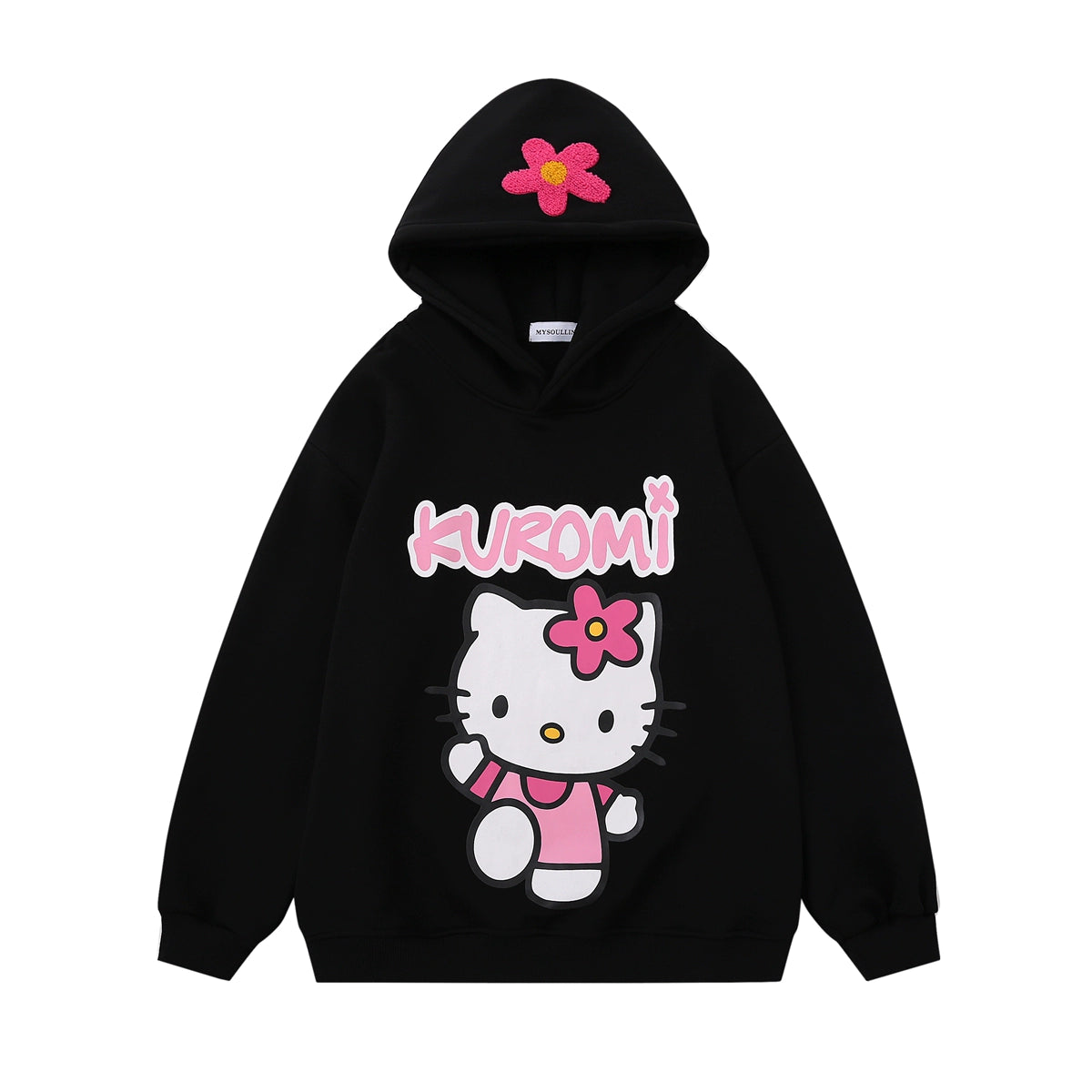 The Seakoff black hoodie, perfect for Sanrio fans, features a cartoon character with a white face, pink outfit, and pink flower on the head. "KUROMI" in pink letters is beneath it, with another flower on the hood. Ideal for any Kawaii Hello Kitty Oversized Hoodie enthusiast!.