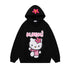 The Seakoff black hoodie, perfect for Sanrio fans, features a cartoon character with a white face, pink outfit, and pink flower on the head. "KUROMI" in pink letters is beneath it, with another flower on the hood. Ideal for any Kawaii Hello Kitty Oversized Hoodie enthusiast!.