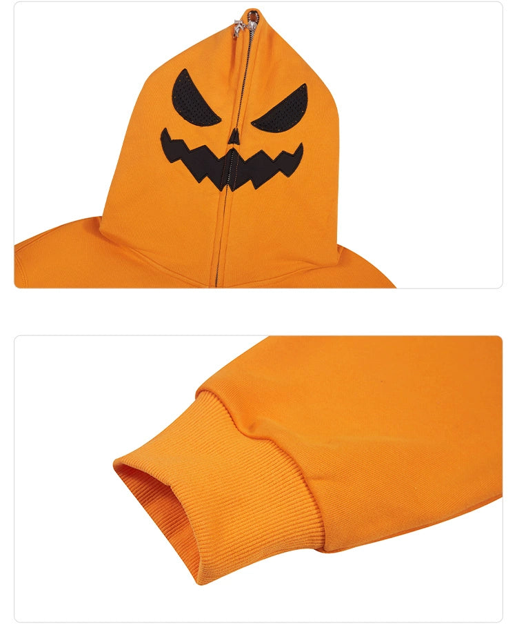 The Seakoff Halloween Pumpkin Hoodie is a 400GSM oversized orange zip-up sweatshirt featuring a black jack-o&