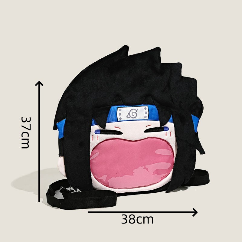 Anime collectibles fans will love the Seakoff Naruto Sasuke Uchiha Plush Shoulder Bag, featuring a fun design with black spiky hair, symbolic headband, and transparent mouth pocket. Measuring 37 cm by 38 cm, it&
