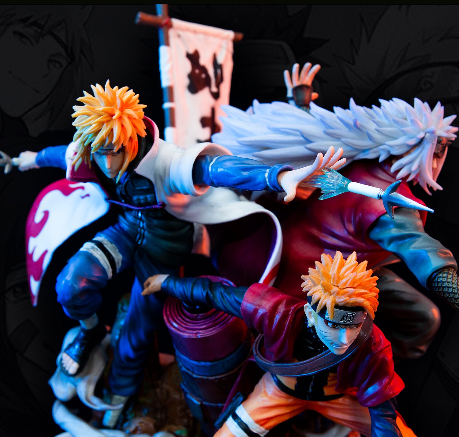 Figura de acción de Naruto, Minato y Jiraiya - Edición de colección de 41 cm | Pose dinámica con efectos de chakra y personajes icónicos