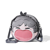 The Seakoff Haikyuu!! Kageyama Tobio Plush Shoulder Bag, inspired by the anime character, features closed eyes, gray hair, a large transparent pink mouth pocket, two adjustable black straps, and a top zipper. Presented against a white background for cosplay enthusiasts.