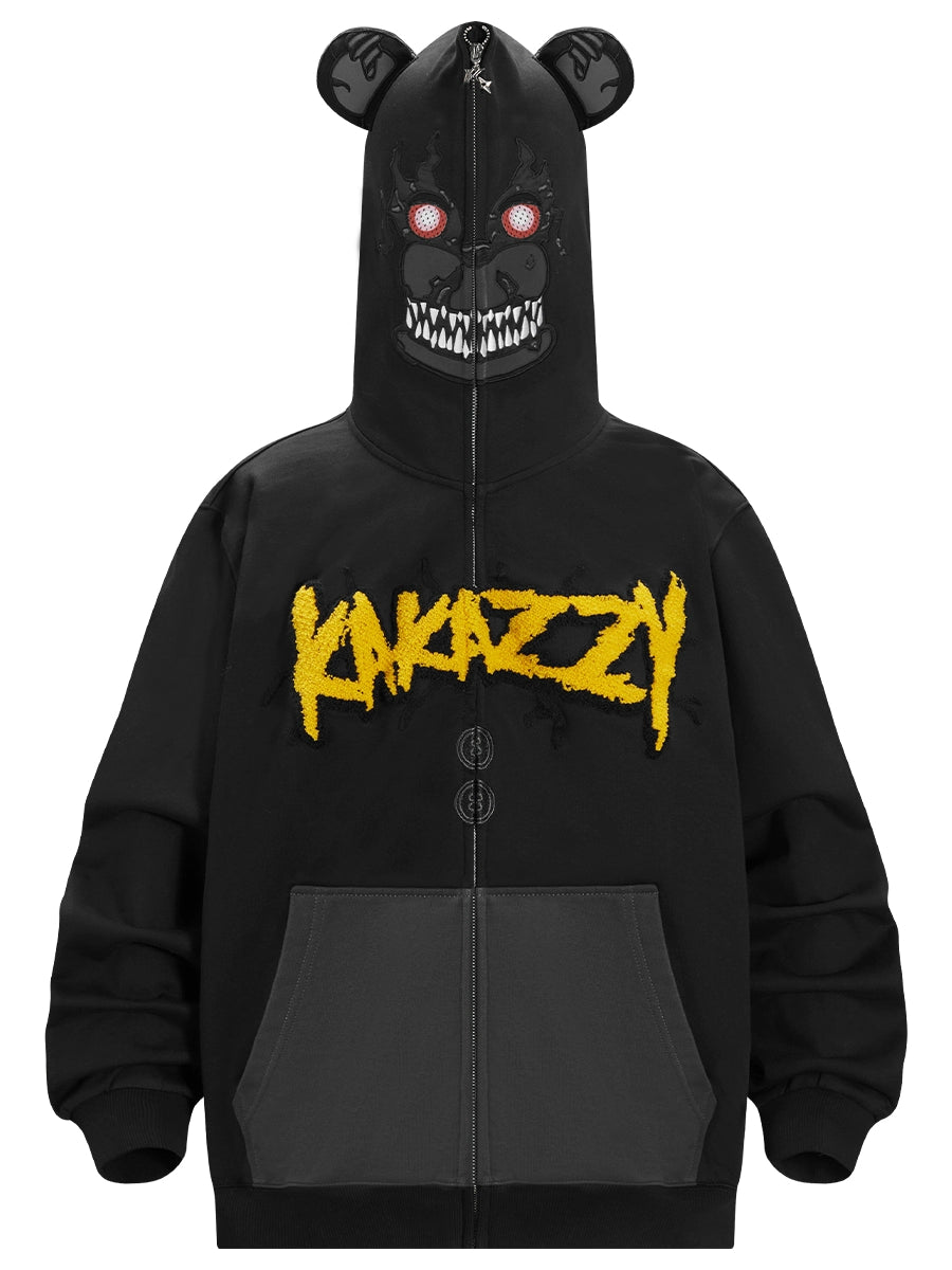 The Seakoff Dark Bear Demon Hoodie is ideal for horror fans, showcasing a sinister bear design with red eyes and sharp teeth on the hood. It features "KAKAZZY" in bold yellow embroidery, dark gray pockets, and is made from 400GSM cotton for an edgy look.