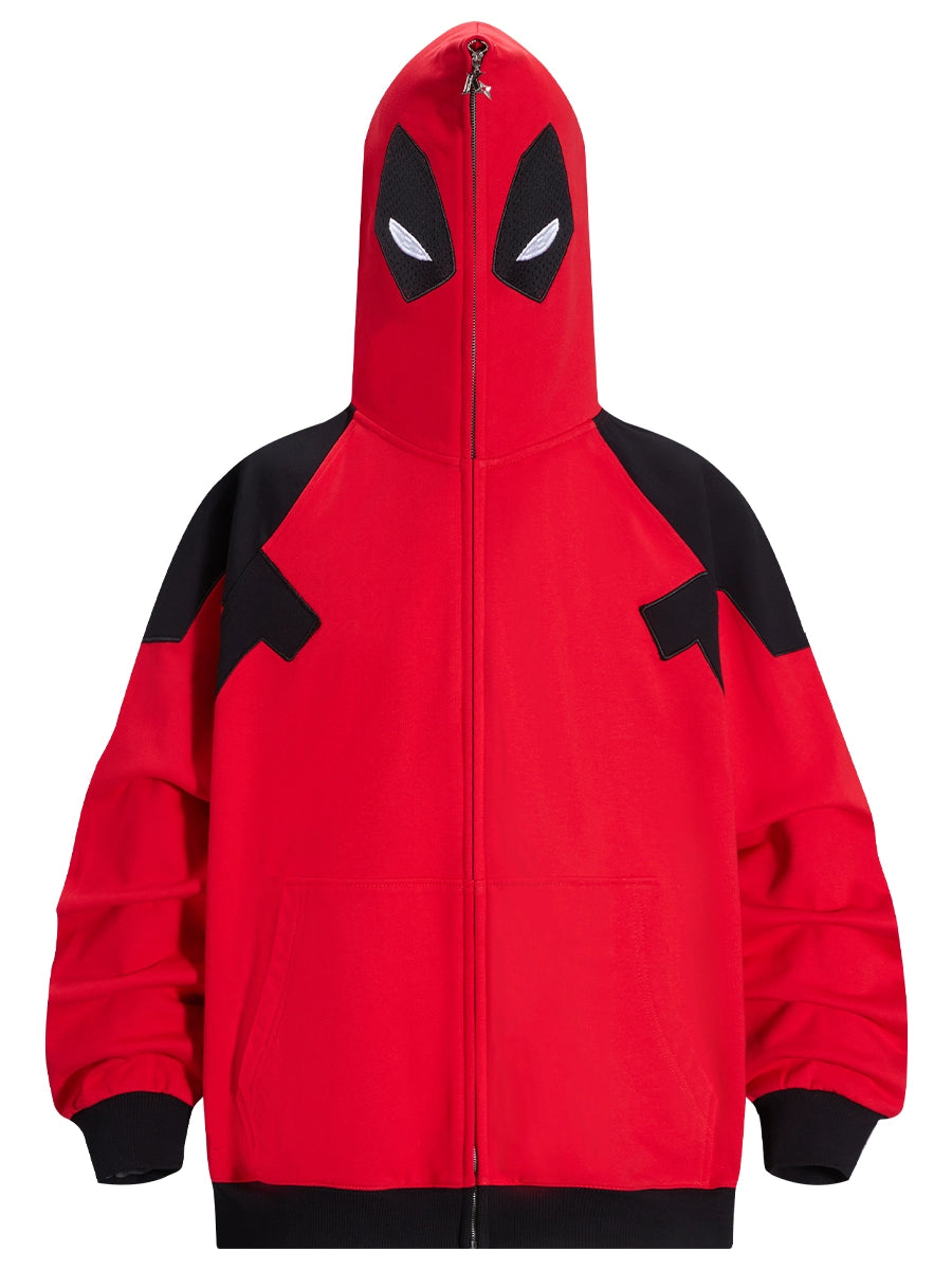 The Seakoff Deadpool-Inspired Hoodie is an oversized 400GSM red and black zip-up sweatshirt with black shoulder patches and a hood featuring white eye shapes resembling a mask, ideal for any superhero streetwear collection.