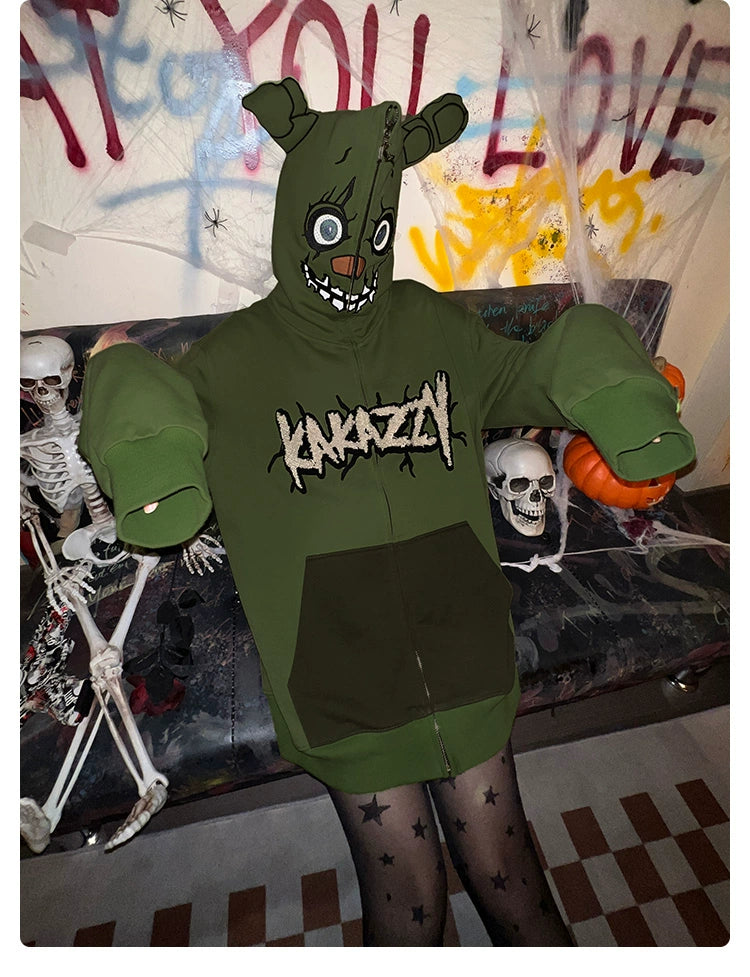 Donning a Seakoff Springtrap-Inspired Hoodie, an oversized 400GSM green zip-up from "Five Nights at Freddy&