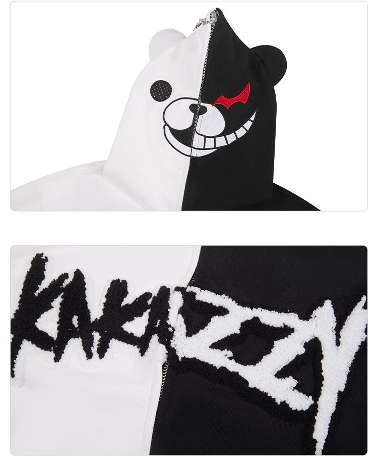 The Seakoff Monokuma-Inspired Hoodie is a 400GSM oversized zip-up sweatshirt featuring a black and white bear face with a red eye, perfect for Danganronpa fans. "KARAKAZZY" is boldly printed on its fluffy fabric, embodying the popular anime hoodie style.