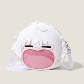 The Seakoff Blue Lock Seishiro Nagi Plush Shoulder Bag is a round handbag with white hair, resembling an anime face with closed eyes and a transparent pink mouth pocket. It features a white strap and zipper, capturing the character&