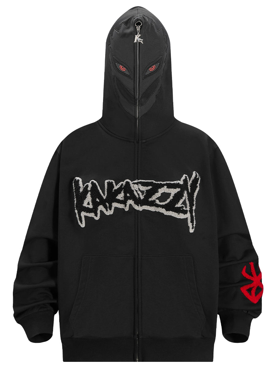 The Berserk-Inspired Griffith Dark Knight Hoodie is a black zip-up oversized streetwear piece with a stylized logo on the front. It features a hood with mask-like design and red eye details, resembling a dark knight&