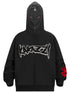 The Berserk-Inspired Griffith Dark Knight Hoodie is a black zip-up oversized streetwear piece with a stylized logo on the front. It features a hood with mask-like design and red eye details, resembling a dark knight&