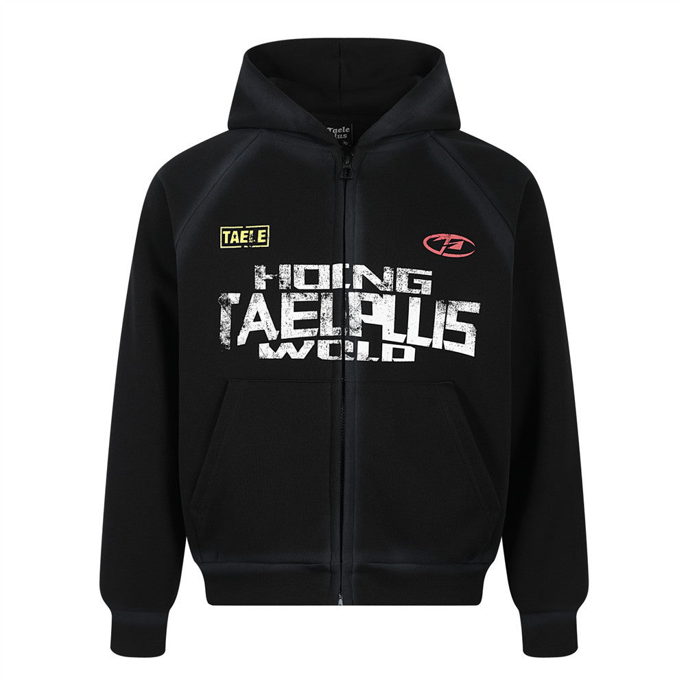 SEAKOFF Zip-Up Graphic Hoodie | Distressed Print Raglan Oversized
