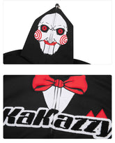 The top image features a black Seakoff hoodie with a puppet face design and red cheek swirls. The bottom image shows the Saw-Inspired Hoodie, including a red bow tie graphic and "KaKazy" on the chest, ideal for fans of Billy the Puppet or horror movies.