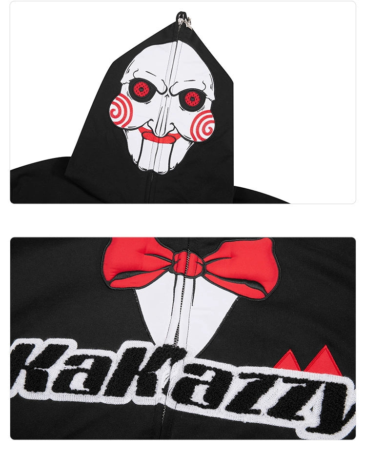 The top image features a black Seakoff hoodie with a puppet face design and red cheek swirls. The bottom image shows the Saw-Inspired Hoodie, including a red bow tie graphic and "KaKazy" on the chest, ideal for fans of Billy the Puppet or horror movies.