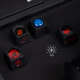 The Naruto Elements Keycap Set features four high-quality resin keycaps on a dark surface, with designs including a red Naruto-like spiral, a blue swirl, a musical note, and a heart labeled "LOVE," all set against a sparkly black background.
